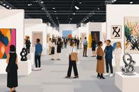 Ilustração de uma feira de arte contemporânea movimentada, com estandes de pinturas e esculturas e visitantes circulando