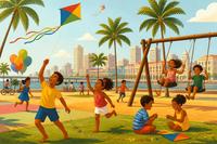 Ilustração de crianças brincando em um parque arborizado do Recife, com pipas, balanços e balões coloridos