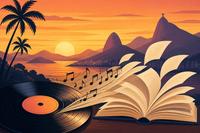 Ilustração que mescla um disco de vinil e notas musicais se transformando nas páginas de um livro aberto, com silhueta de cidade costeira ao fundo