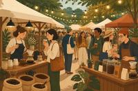 Ilustração de um festival de café ao ar livre, com barracas de xícaras, grãos torrados e equipamentos de coador, visitantes degustando café