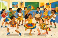 Ilustração de crianças brasileiras tocando frevo em uma sala de aula colorida, com instrumentos de metal e pequenas sombrinhas