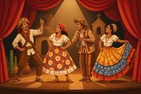 Ilustração de atores em cena de teatro usando trajes coloridos tradicionais nordestinos, sob cortina vermelha e luz de palco