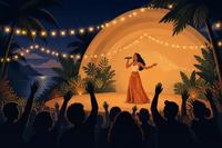 Ilustração de uma cantora se apresentando em um anfiteatro ao ar livre à noite, sob luzes amarelas, com plateia ao fundo
