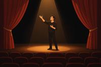 Ilustração de uma apresentação de teatro solo, com um ator em palco minimalista sob luz de spot e cortinas vermelhas ao fundo