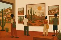Ilustração de uma exposição de arte que mescla paisagens do sertão nordestino com elementos urbanos de periferia