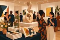 Ilustração de um lançamento de livro em galeria de arte, com livros sobre uma mesa e instalação artística ao fundo